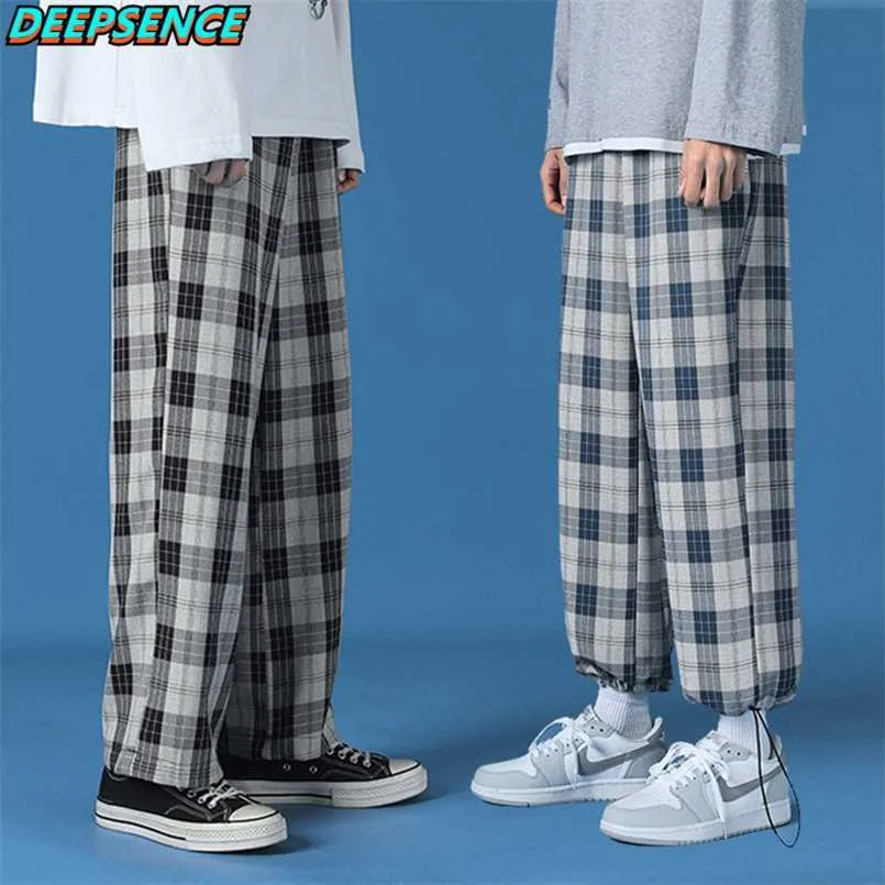 Men Polyester Loose Japan Harajuku style Grid Wide Pants Men Casual Drawstring Elastic Leg opening Ankle Length Pants Men 211112