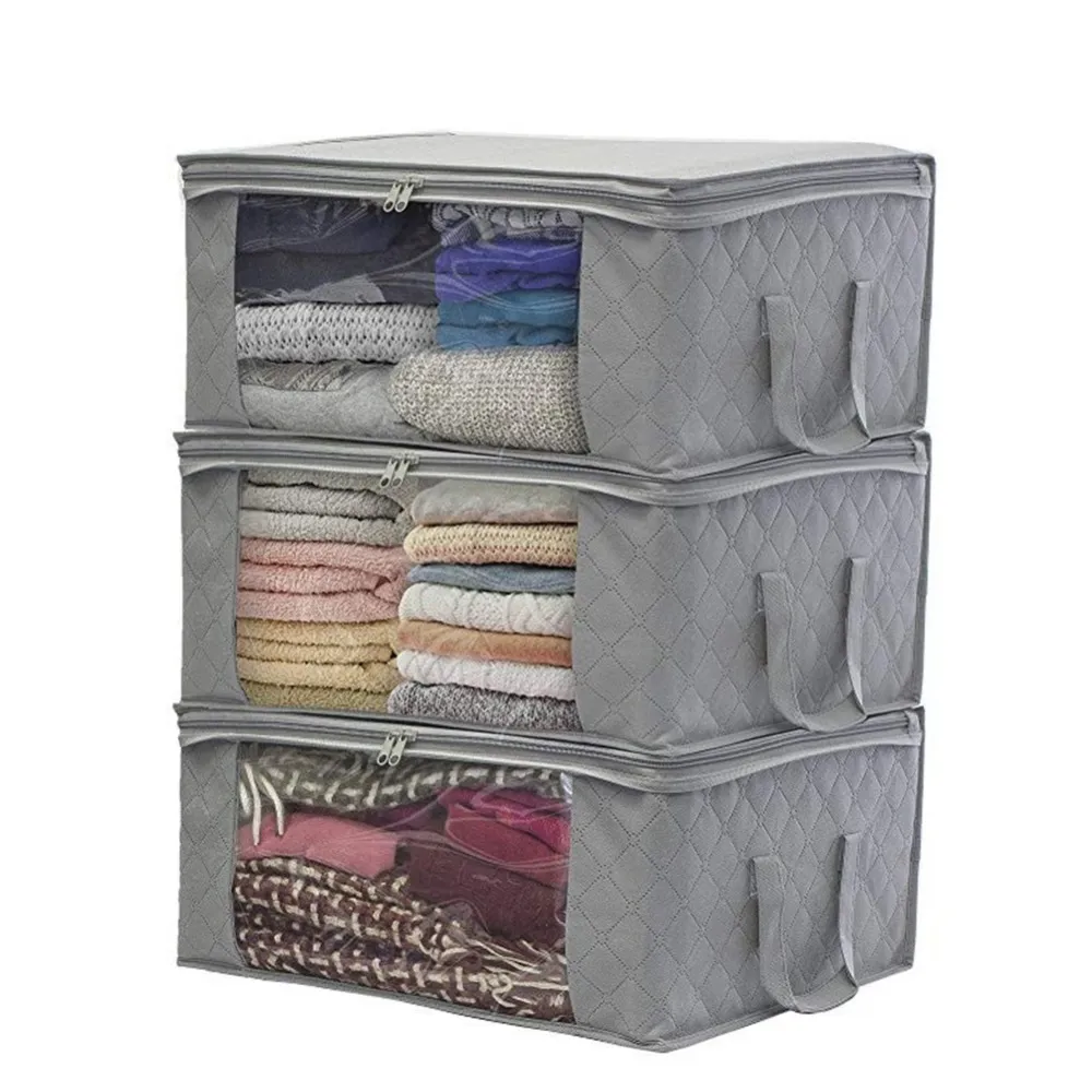 3 Stück Decke Aufbewahrungstasche OrganizerQuilt Closet Sweater Organizer Box Reißverschluss Vlies Falten Organisieren Blau Beige Grau Farben 49*36*21cm