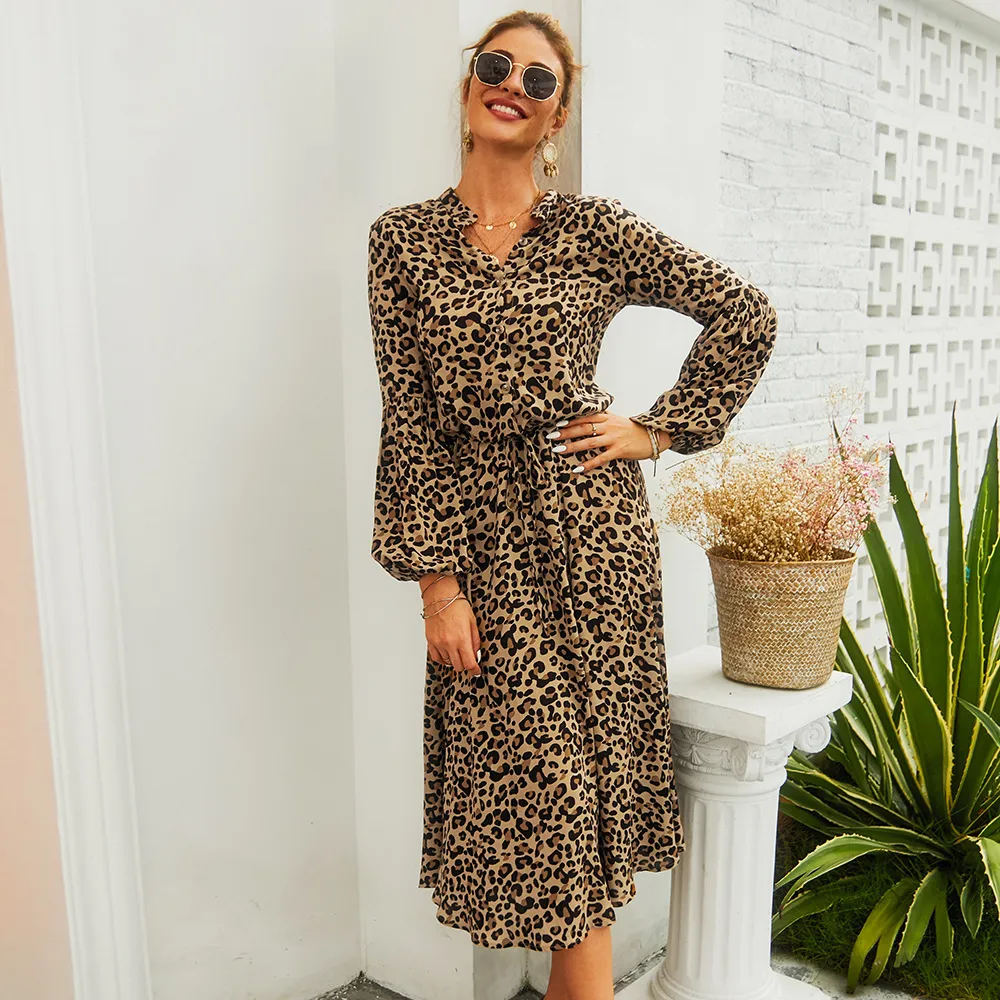 Leopard Print Long Sleeve Dress Autumn Winter Women Design Bohemian Mid-Length One Piece Dresses v Neck Drawstring Waist Dressing for Womens