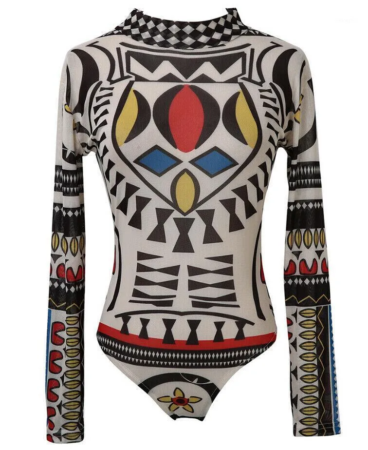 Kadın Tulumlar Tulum 2021 Seksi Kadınlar Dövme Tribal Baskı Sıkı Bodysuit See-throom Mesh Sheer Uzun Kollu Üst Lady Clubwear O NEC