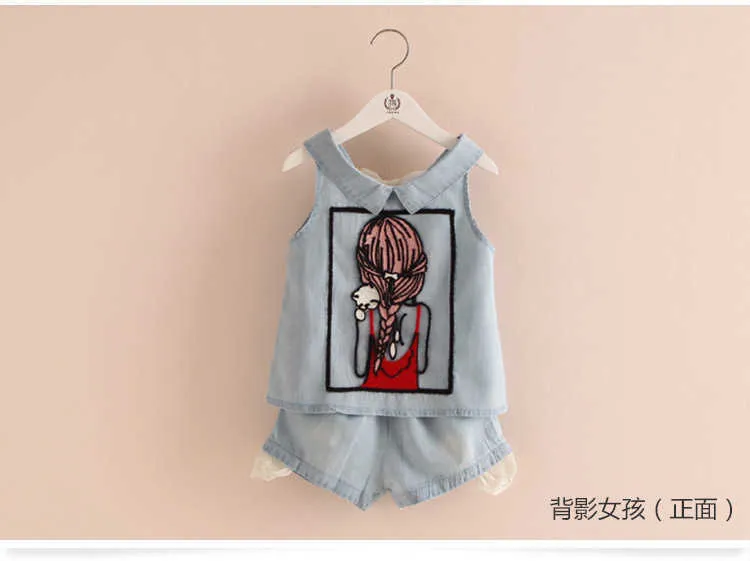 Girls Clothes Summer Casual 2-10 Years Old Kids Little Baby Cartoon Girl T Shirt+Shorts 2 Piece Lace Denim Blue Suit Set (10)