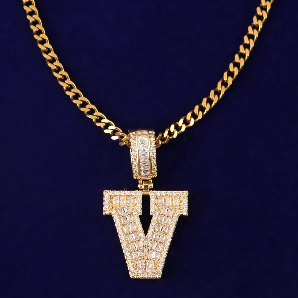 Single Solid Letters Big Zircon Baguette Pendant With Cuban Chain Men's Hip Hop Gold Color Necklace Jewelry