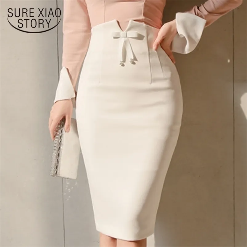 Wiosna Sexy Białe Spódnice Kobiet Office High Paisted Ołówek Midi Spódnica Dla Kobiet Plus Rozmiar Elegancki Jupe Femme 10145 210508