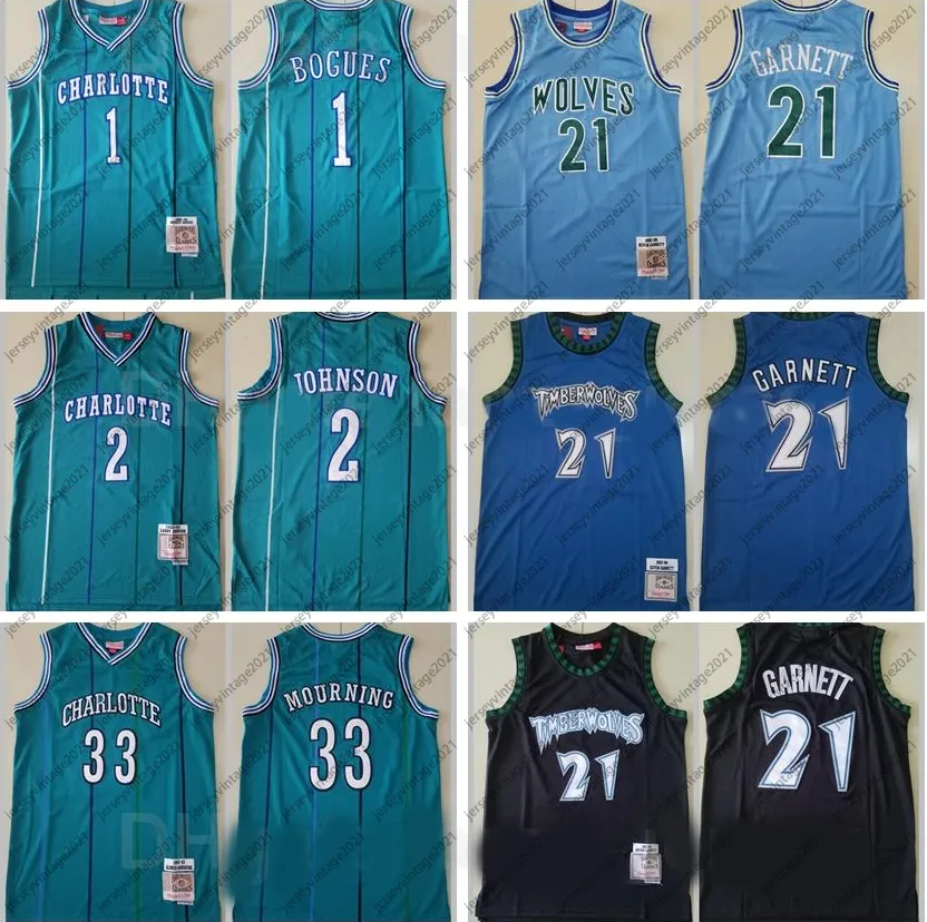 Kevin Garnett Jersey 21 Tyrone Muggsy Bogues 1 Larry Johnson 2 Alonzo Mourning 33 Stitched Zielony Niebieski Czarny Mężczyźni Koszykówka Mitchell And Ness