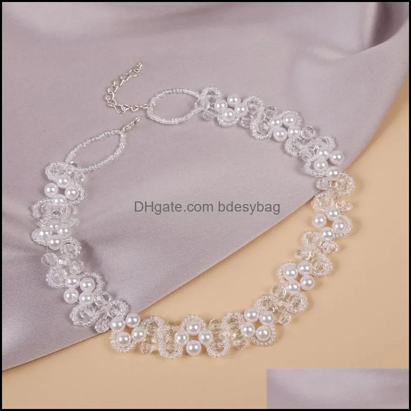 Creative Design Handmade Beaded Transparent Crystal White Simulated Pearl Flower Chokers Necklaces For Women Party Jewelry Gifts