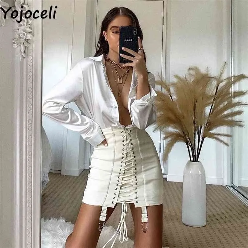 Yojoceli Elegant lace up white bodycon skirts Autumn short high waist skirt Casual party black female bottoms 210621
