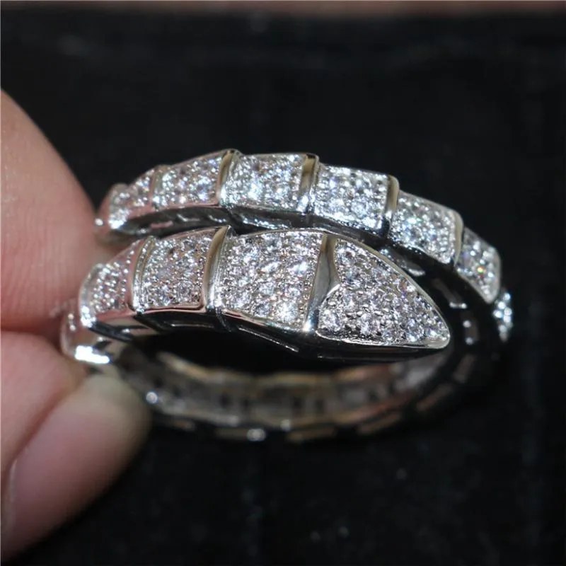 Märke 925 Sterling Silver Snake Rings for Women Luxury Pave Diamond Engagement Ring Wedding White Topaz smycken Stamped 10kt Clusta294o