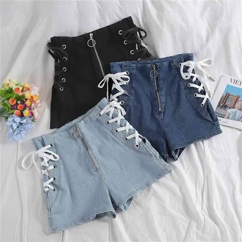 Spring Autumn Women Jeans Shorts Tie High Waist Denim Female Casual Black Student All Match Skinny 1782 210625