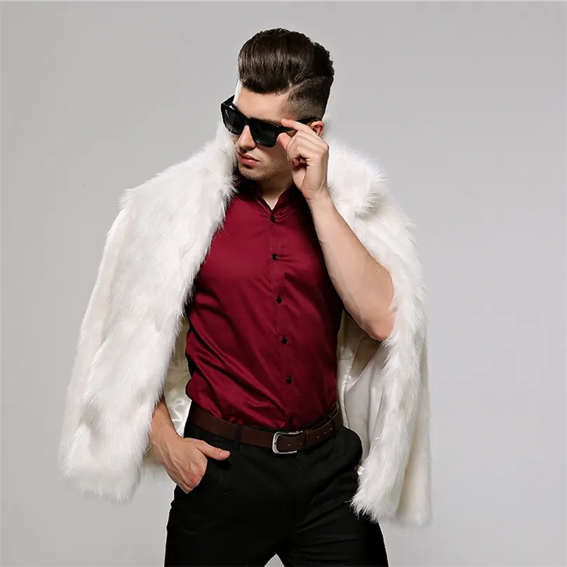 Kış Kalın Sıcak Faux Kürk Erkekler Için Beyaz Siyah Klasik Erkek Palto Yaka Yaka Dış Giyim Mont Casual Hombre Ceket 211207