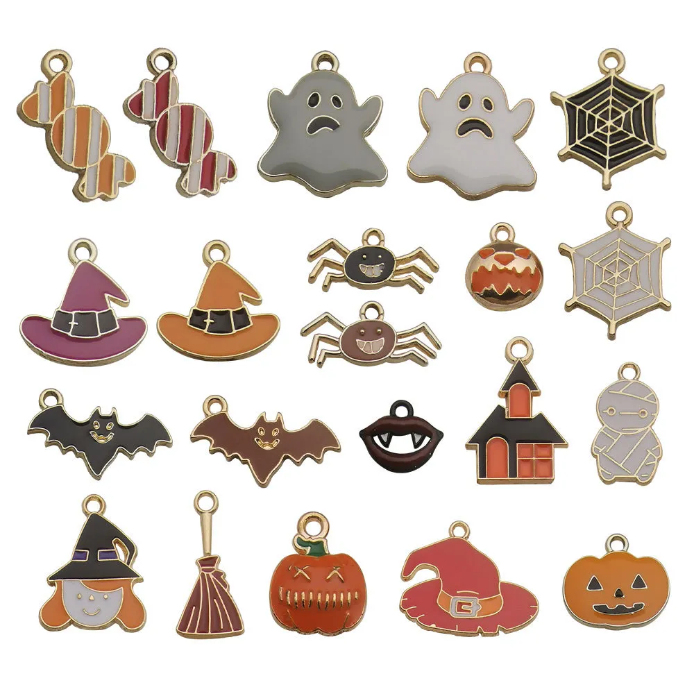 20 stks / paren Emaille Halloween Charms Gemengde Lichtmetalen Candy Ghost Pumpkin Bat Spider Hat Hanger DIY Sieraden Maken Accessoire