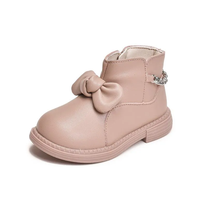 Botas moda bow princesa crianças sapatos 2021 queda / inverno cadeia bebê meninas tornozelo pu couro impermeável antiderrapante crianças neve