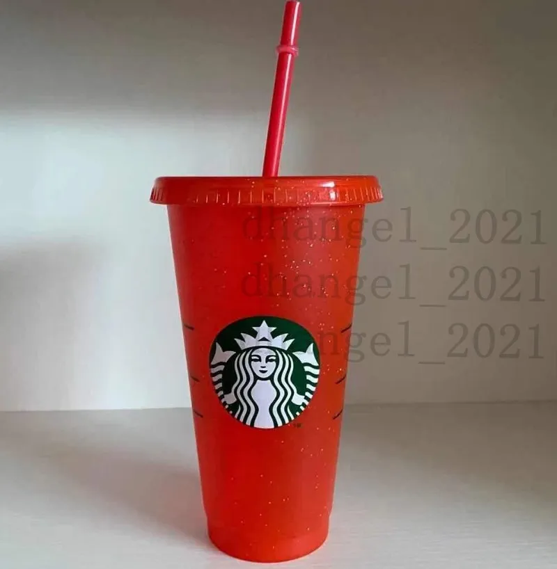 Starbucks Mermaid 24oz / 710ml Bicchiere di plastica Riutilizzabile a forma di pilastro Coperchio Paglia Cambia colore Tazze flash DHL libero