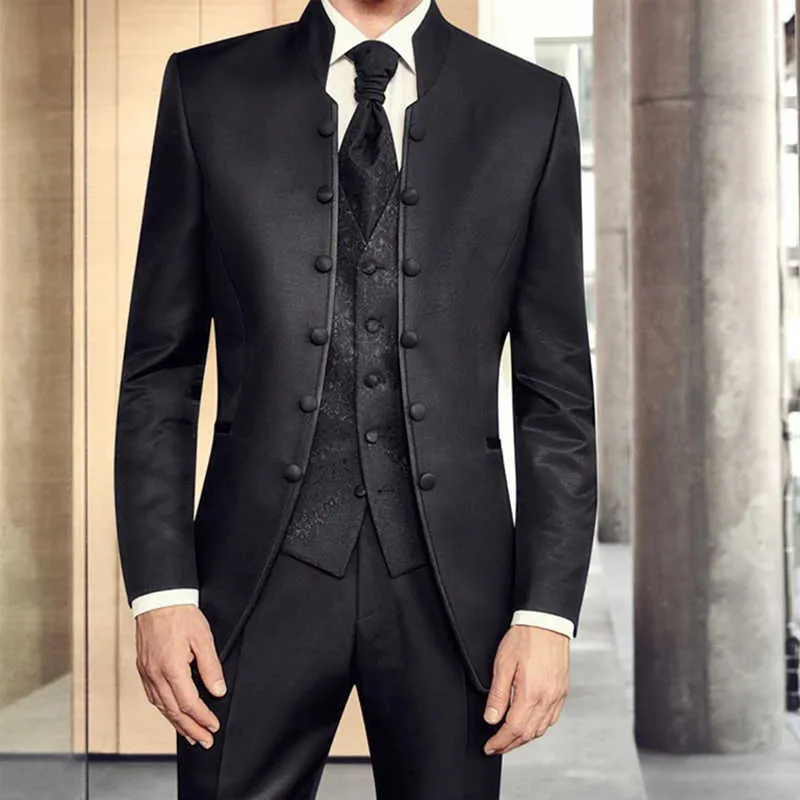 黒のメンズチュニックの結婚式のタキシードのためのタキシードのためのスタンドカラー3ピース形式のビジネス男性スーツのズボンx0909