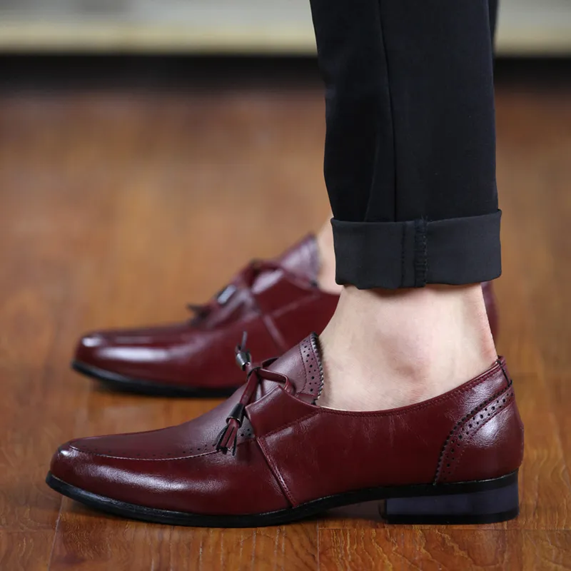Luxury Men s Leather burgundy loafers Wholesale Dress Shoes in Black Brown and Red