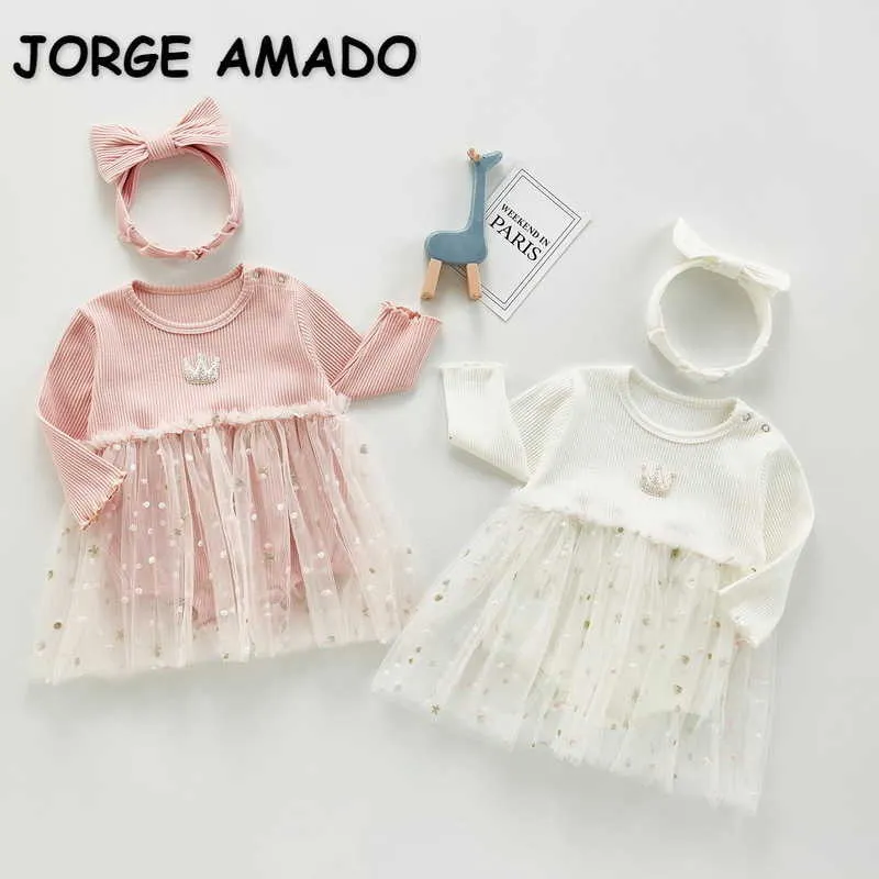 Primavera Bebê Bebê Bodysuit Starry Sky Vestidos dos desenhos animados coroa macacão com headwear nascido estilo doce crianças roupas E65 210610