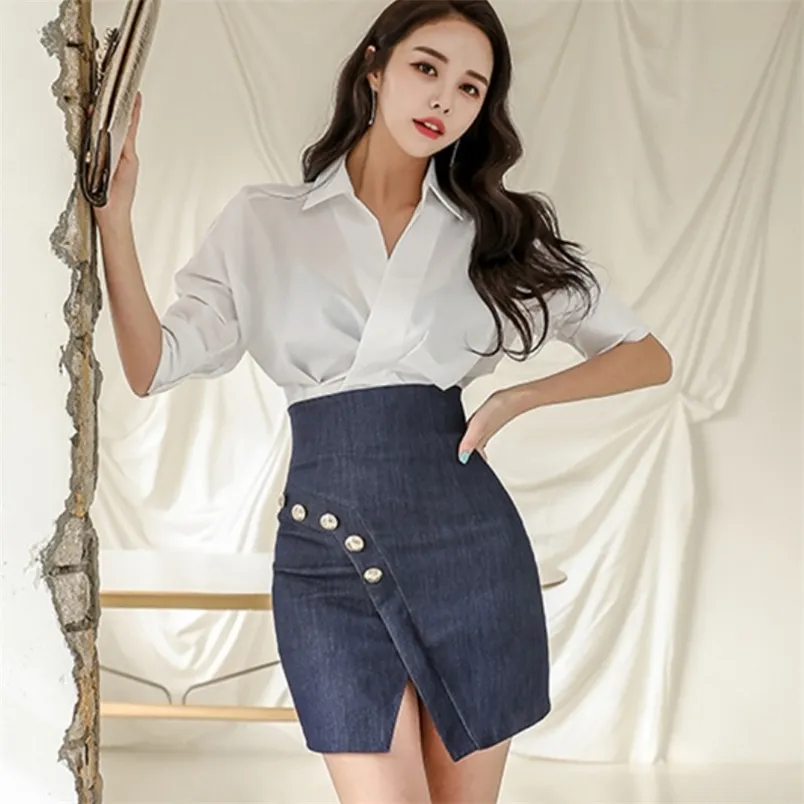 Herfst Dames Office OL Half Mouw Turn Down Collar White Slim Shirt Tops + Hoge Taille Denim Mini Rok Set Lady 2 Stuks 210519