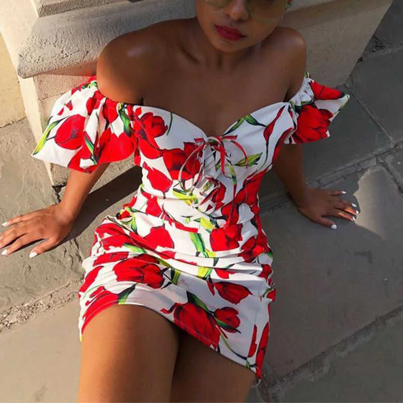 Floral Printed Off Shoulder Summer Mini Dress 210702