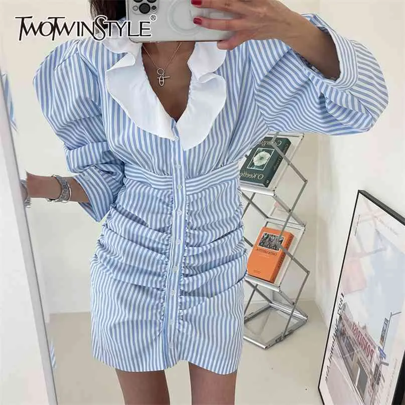 Striped Blue Shirt Dress For Women Lapel Long Sleeve High Waist A Line Mini Dresses Female Fashion Clothing 210520