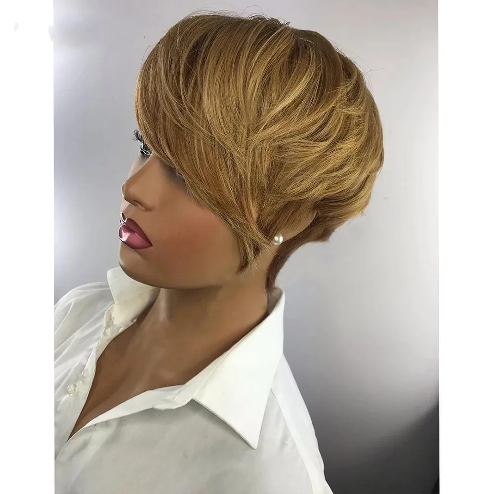 Miel blonde / noir court wavy bob pixie cut perruque coupé non dentelle avant perruques de cheveux humains indiens avec frange pour femmes