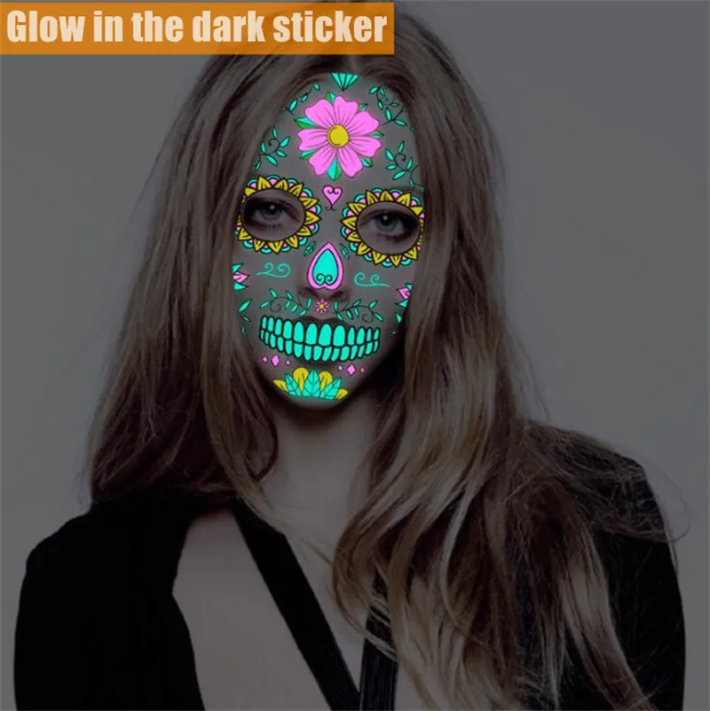 Party Decoration Halloween Face Tattoos Glow in the Dark Spider Web Scar Roses FullFace Mask Luminous Tattoo Stickers for Women Men A02