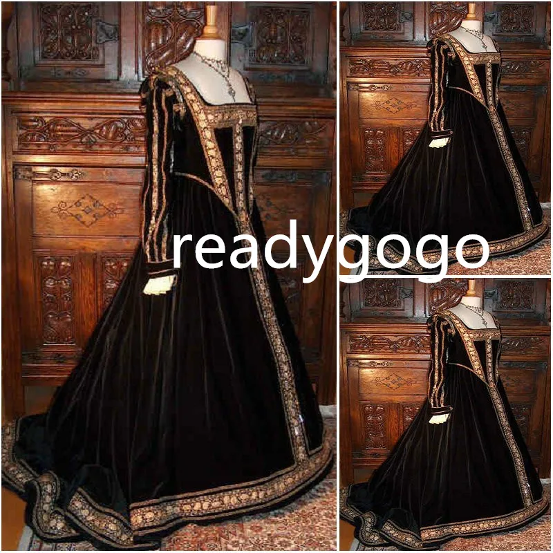 Robes de soirée du sud de la guerre civile gothique victorienne appliques d'or noir à manches longues velours Halloween théâtre robe de bal édouardienne