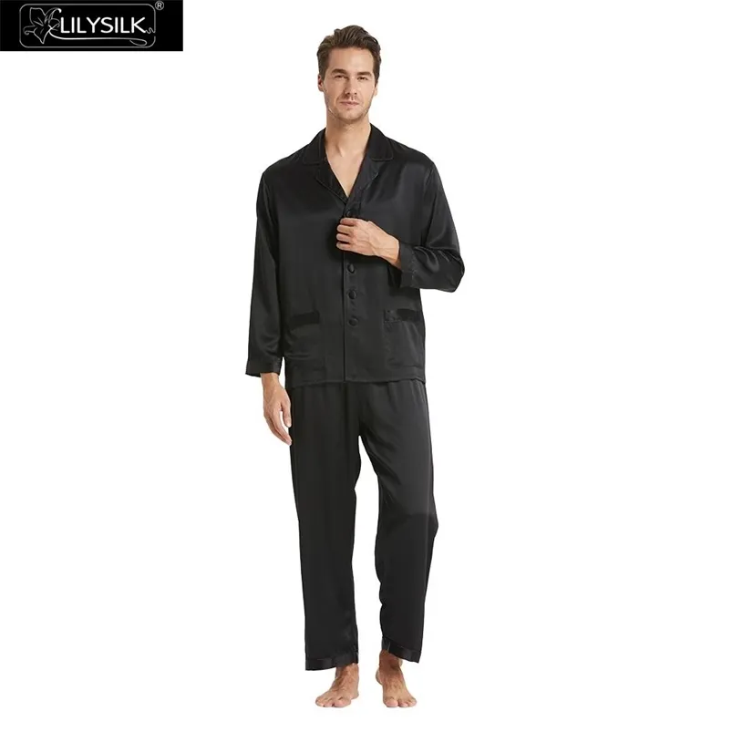 Lilysilk 100 pijama de seda definido para homens 19 mumme mulberry luxo mangas compridas entalhadas colarinho homens roupas 210901