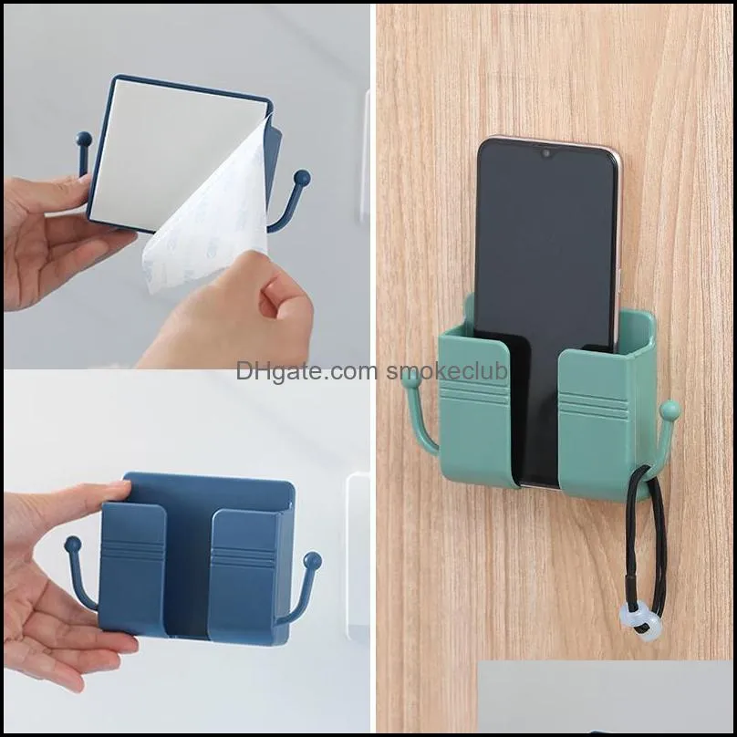 1 PC Wall-mounted Organizer Storage Box with Hooks Self-adhesive Remote Control Wall Storages Case Mobile Phone Plug Charging Holder Stand Container