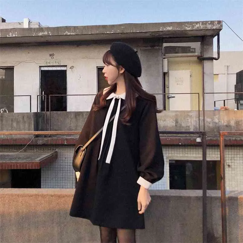 S XL Artı Boyutu Bahar Öğrenci Femme Elbise Kız Boho Kalın Kadın Vintage Siyah Uzun Kollu Kadın ES Robe Vestido 210423