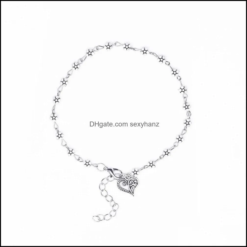 2021 Fashion Foot Chain Tibetan Silver Color Hollow Plum Flowers Heart-Shaped Anklet A Direct Sale