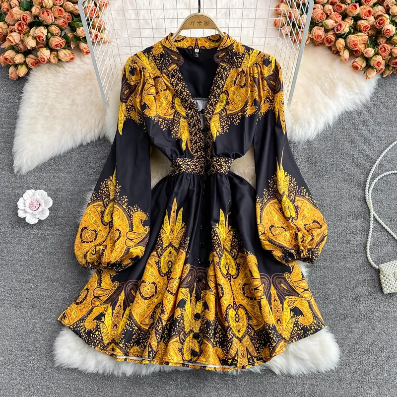 Autumn Yellow Printed Mini Dress Women Sexy V-Neck Single Breasted Puff Long Sleeve High Waist A-Line Luxury Party Vestidos 2022