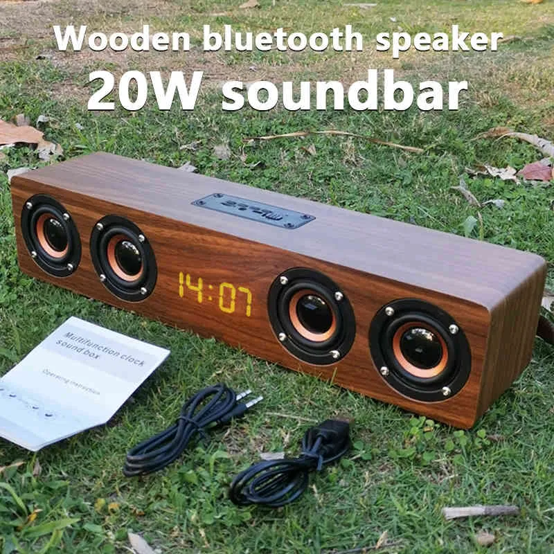 Trä TV SoundBar Hemteater Trådlös kolumn Bluetooth Speaker Väckarklocka Multi-Function Subwoofer Datorhögtalare AUX