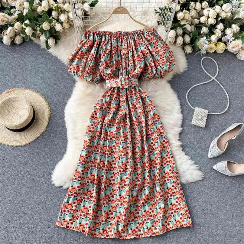 Women's Dress Beach Style Off Shoulder Slash Neck Puff Sleeve Elastic Waist Bohemian Floral Print Vacation Maxi with Belt 210603