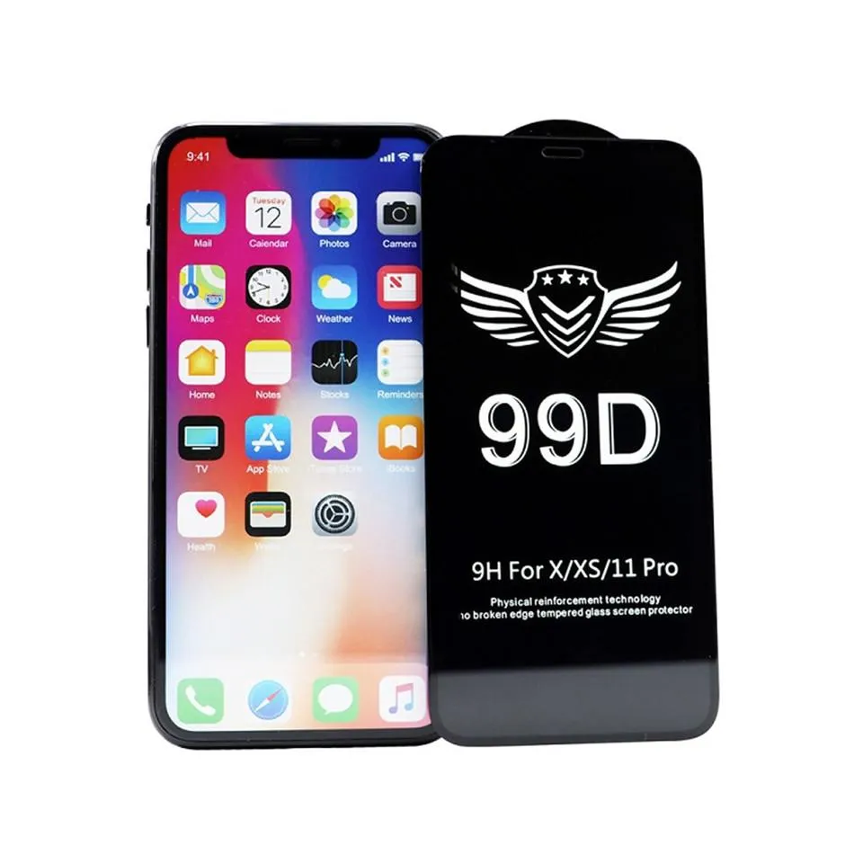 99D Закаленное стекло экрана Protector Fille для iPhone 13 12 MNI 11 Pro X XR XS MAX Samsung A51 A71 A81 A91 Полные клеевые пленки без розничной упаковки