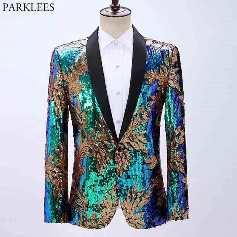 Floral Sequin Wedding Suit Blazer Men Sjal Krage Slim Fit Blue Glitter Tuxedo Blazers Mens Party Prom Singer Kostym 210522