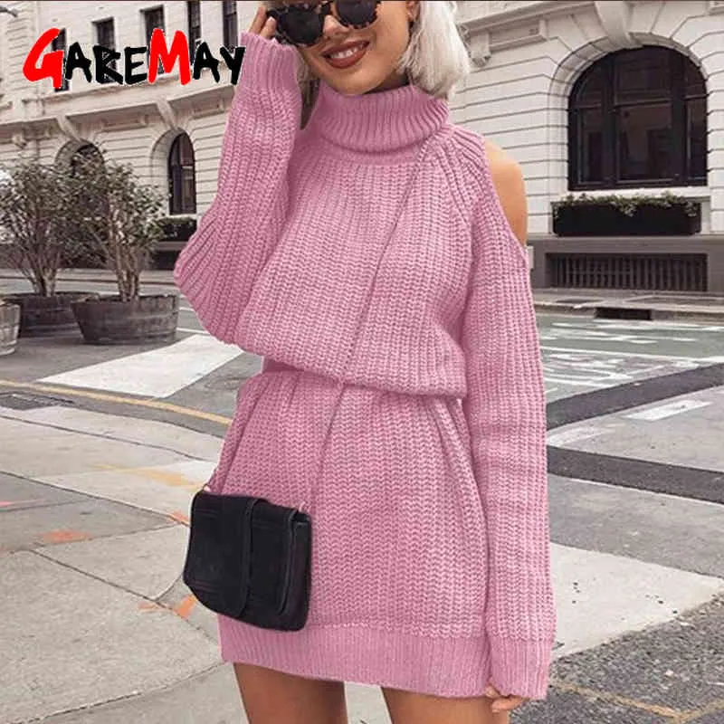 sweaters women Turtleneck off shoulder Sweater Dress Slim long winter woman knitting pullovers 210428