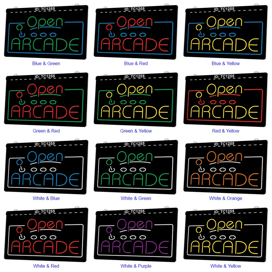 TC1255 Open Arcade Game Room Light Sign Dual Color 3D Gravure