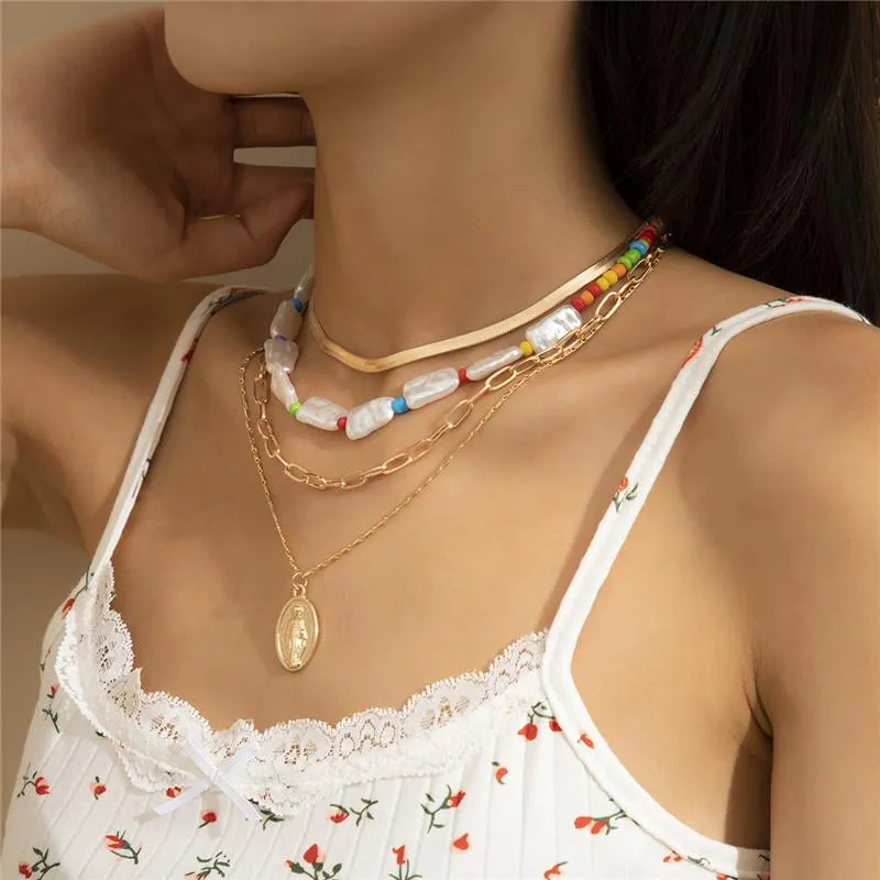 Retro Ellipse Portrait Thin Pendant Necklaces European Imitation Pearl Rice Beaded Mix Chain Women Multi Layer Alloy Gold Snake Chains Jewelry