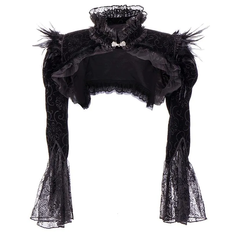 Victorian Black Flannel Feathers Lace Jacket Långärmad Ruffles Stand Collar Gothic Bolero Kläder Tillbehör Steampunk Coat Women's Jack