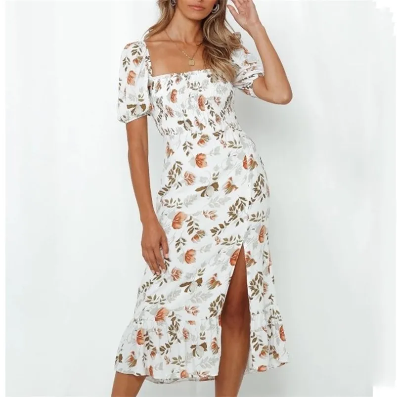 Leaf Print White Summer Long Dress Women Slit Vintage Maxi Beach Holiday Puff Sleeve Clothing 210427