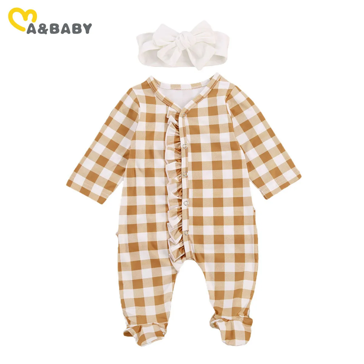 0-12m lente herfst geboren baby baby meisjes plaid romper leuke lange mouw ruches jumpsuit peuter meisje kleding 210515