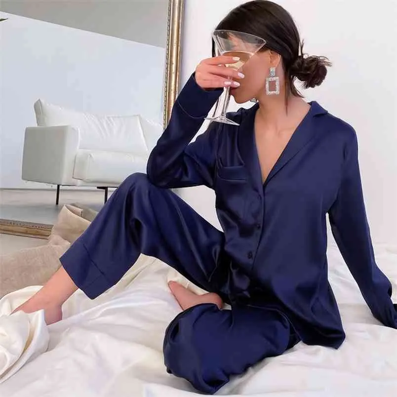 Hechechan blå kvinnor pyjamas turndown krage ficka långärmad casual byxor 2 stycke set sleepwear kvinnliga hemdräkt sätter nattkläder 210830