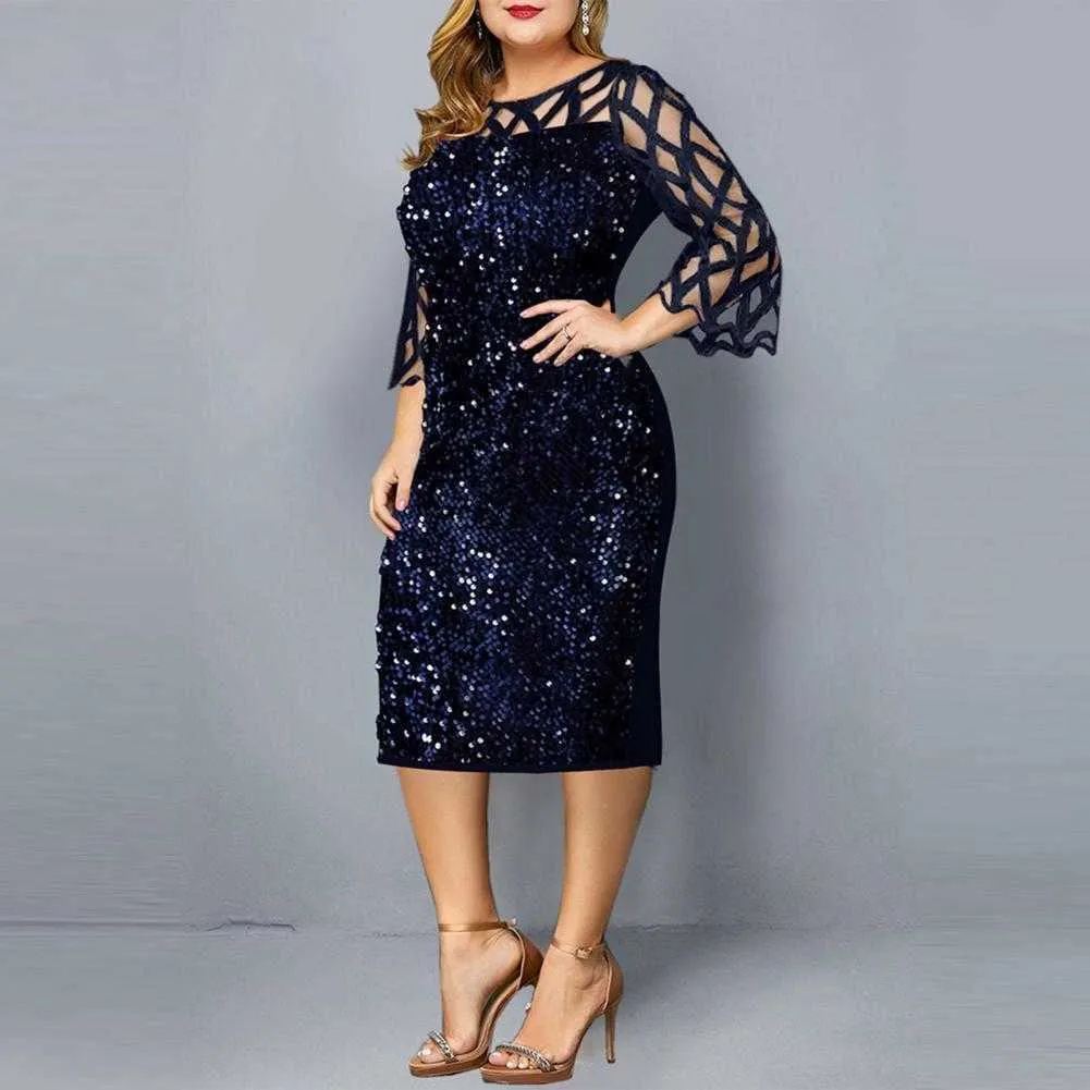 Party Sukienki Cekiny Plus Size Damska Dress 2021 Mesh See przez Długi Rękaw Bodycon Sukienka Wedding Evening Party Club Dress Y1006