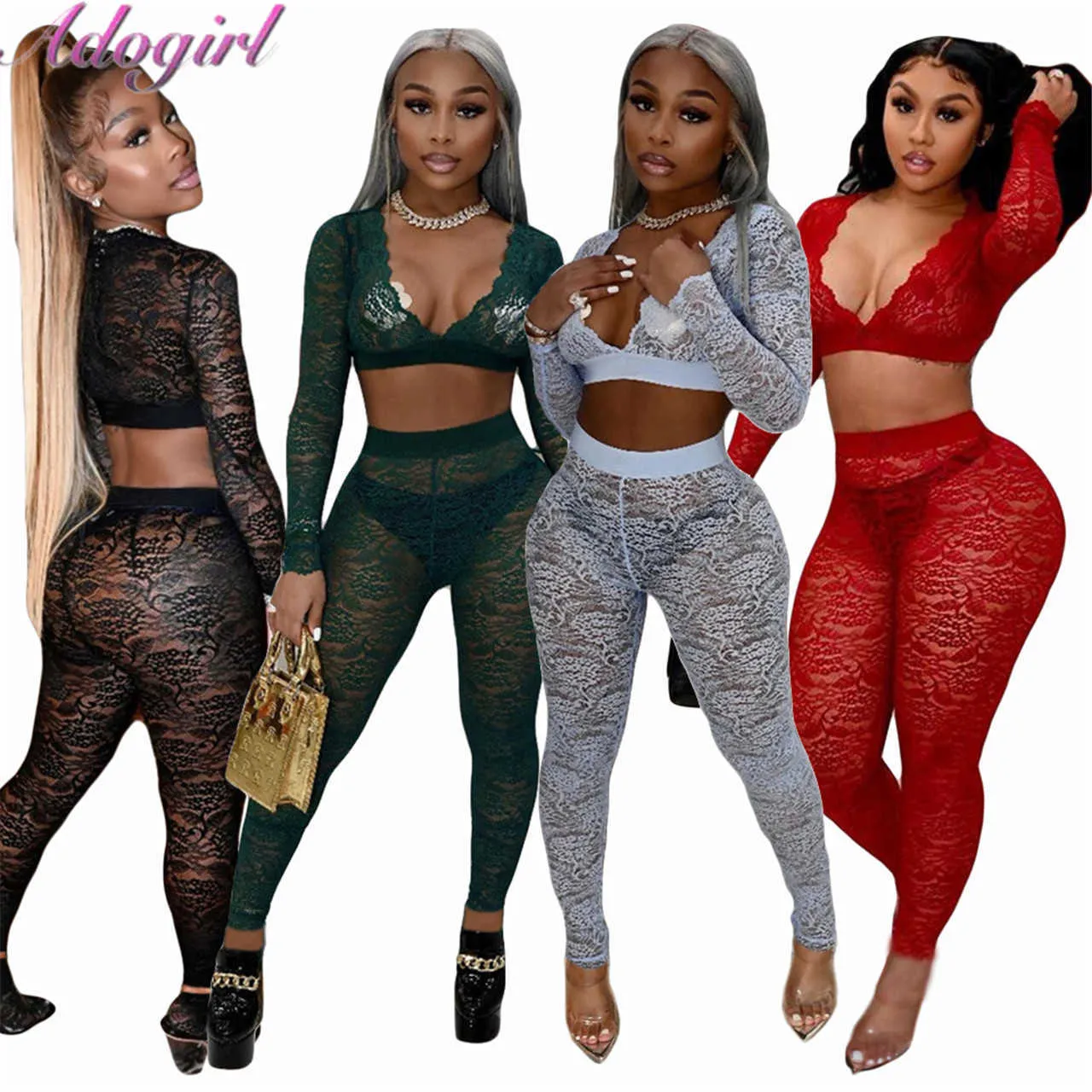 Sexy Spitze Zwei Stück Set Frauen Casual Durchsichtig V-ausschnitt Langarm Crop Top Hosen Anzug Party Club Passenden set Outfit Trainingsanzug Y0625