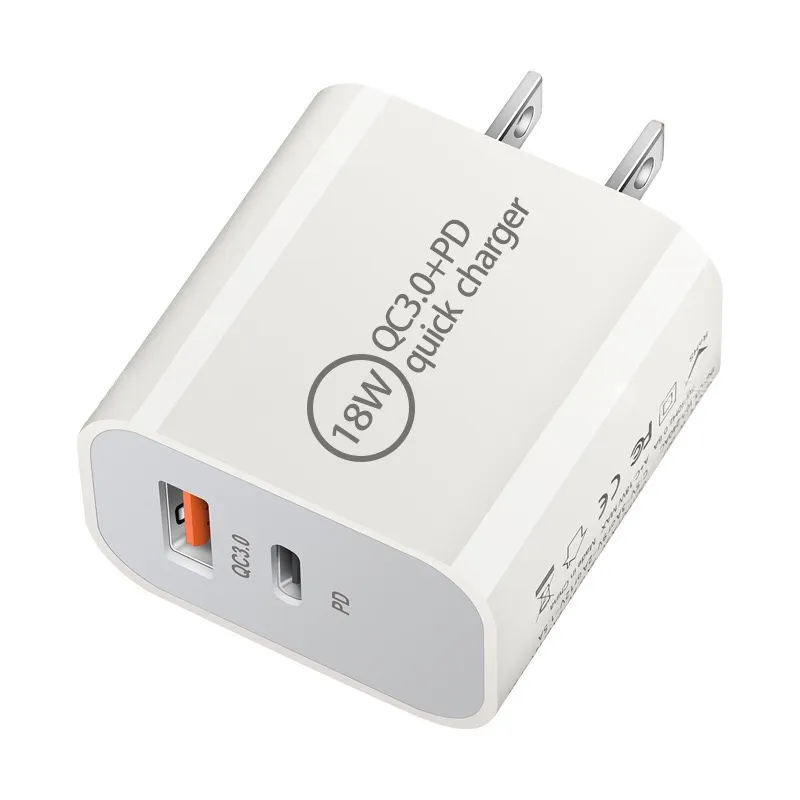 QC3.0 Быстрое зарядное устройство USB Type-C PD Fast Charge 18W US Wall Plug стены Dual Port 5V / 3A 9V / 2A 12V / 1.5A для планшета мобильного телефона 100 шт. / Вверх