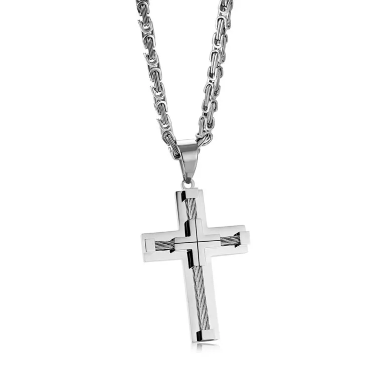 Uomo Donna Collana con ciondolo croce Girocollo in acciaio inossidabile Catena bizantina Alta lucida Hip-Hop Regalo maschile Oro Nero Argento Link 24 pollici