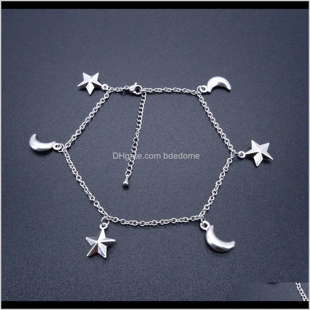 Drop Delivery 2021 Fashion Jewelry Ankle Bracelet Star And Moon Charm Waterproof Stainless Steel Anklets 23add5 Cm Adjust To 11 Factory Gs7P4