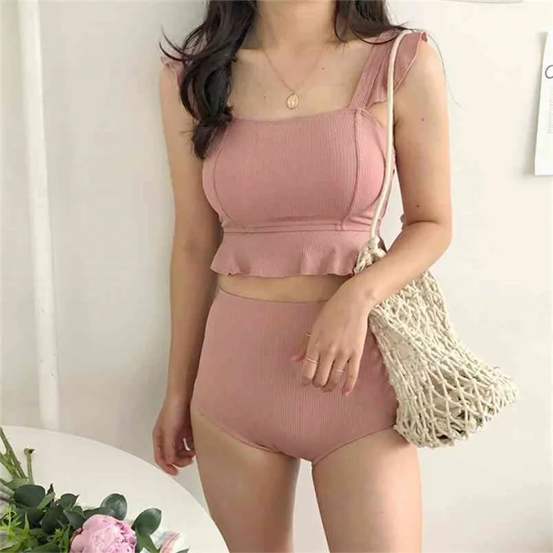 Conjunto de Bikini de cintura alta de estilo coreano, traje de Biquini para mujer, traje de baño de dos piezas, traje de baño con volantes, calidad de playa 210722