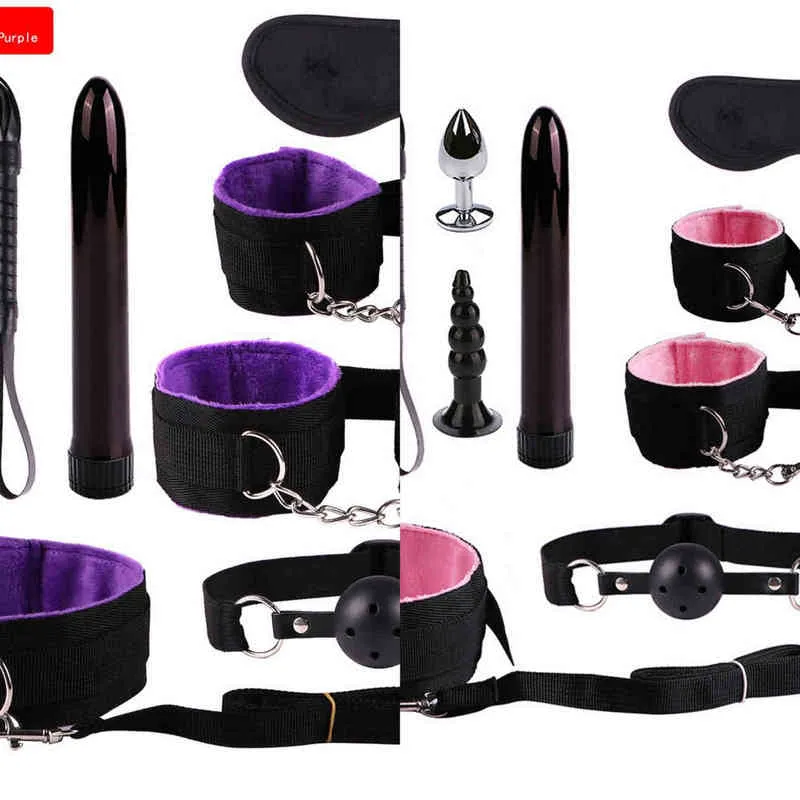 Nxy Bondage Sex Toys for Couples 11pcs Set Lederen Speeltjes Voor Volwassen Game Erotische Bdsm Kits Handboeien Spel Zweep Gag Sm Speelgoed Tepelklemmen 1211