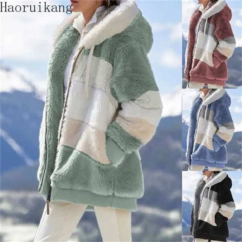 Giacca da donna in peluche con cappuccio da donna invernale Cappotto da orsacchiotto caldo spesso Capispalla Abbigliamento da donna in pelliccia finta Plus Size Soprabito con cerniera 211122