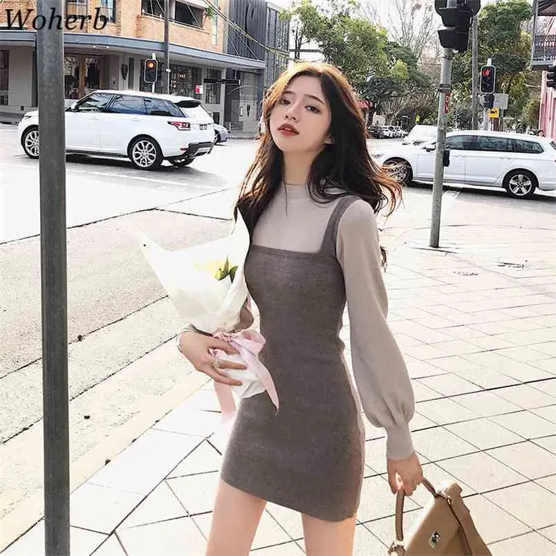 Mode Frauen Gefälschte Zwei Stücke Patchwork Gestrickte Kleid Chic Koreanische Stretch Bodycon Kleider Weibliche Frühling Herbst Vestidos 210519